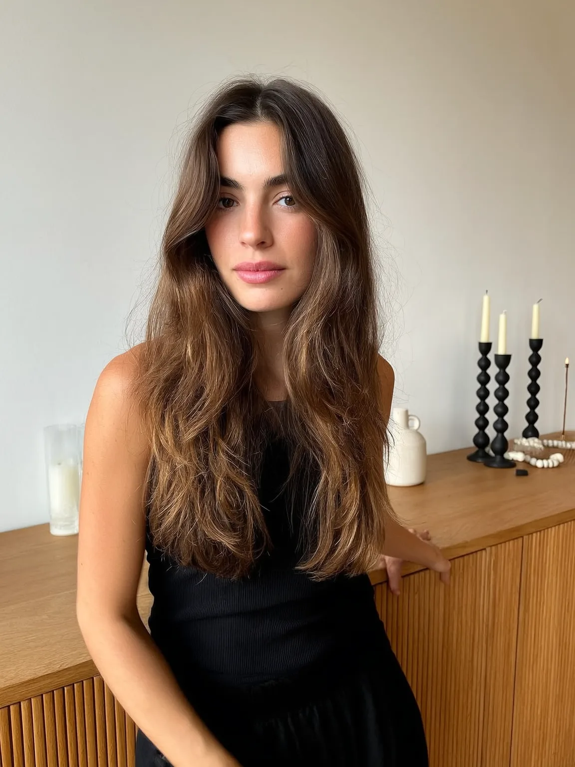 rich chocolate brown with soft caramel highlights long layers